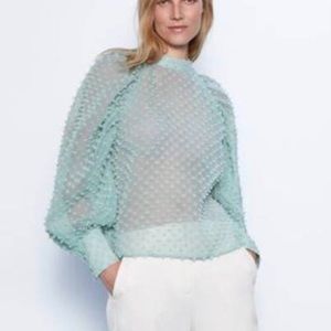 ZARA EXQUISITE PASTEL BLUE SEMI SHEER BLOUSE-Sz XS